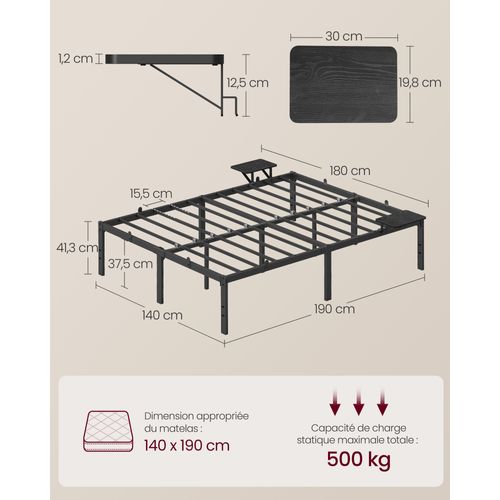 Lit Adulte 140x190 Cm En Métal, Noir Classique