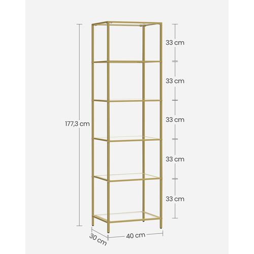 étagère En Verre 6 Niveaux, Bibliothèque, Présentoir, Verre Trempé, Montage Facile, Doré