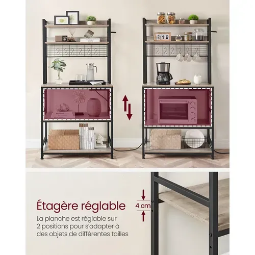 étagère De Cuisine Avec Multiprise, 14 Crochets, 40 X 80 X 170 Cm, Grège Et Noir
