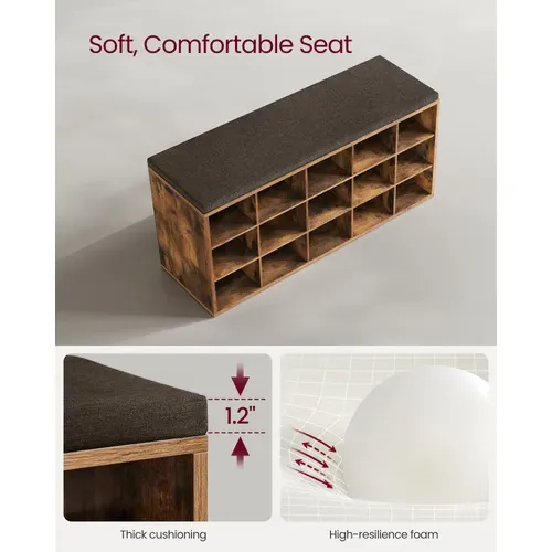 Banc à Chaussures, Meuble D’entrée, Assise Rembourrée Et 15 Compartiments,marron Rustique Et Marron