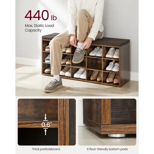 Banc à Chaussures, Meuble D’entrée, Assise Rembourrée Et 15 Compartiments,marron Rustique Et Marron