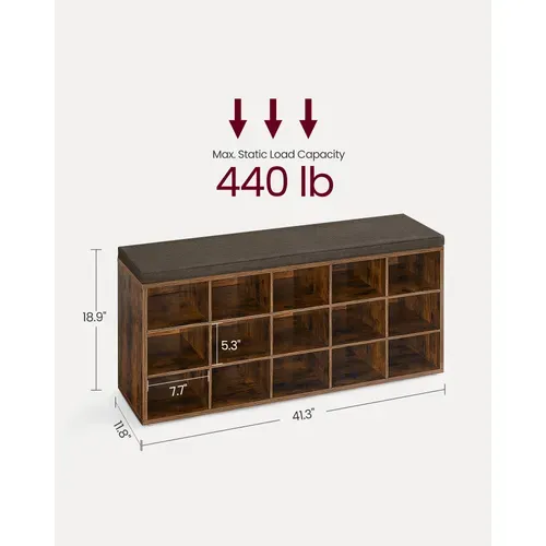 Banc à Chaussures, Meuble D’entrée, Assise Rembourrée Et 15 Compartiments,marron Rustique Et Marron
