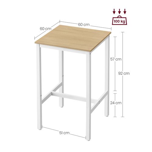 Table Haute, Table De Bar Carrée, Cadre En Acier, 60 X 60 X 92 Cm, Couleur Chêne Et Blanc