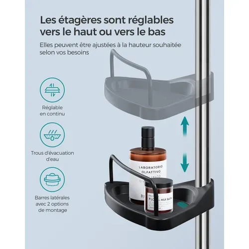 Étagère De Douche Réglable En Hauteur, Hauteur Totale 95-300 Cm, En Inox, 4 Niveaux, Argent Et Noir