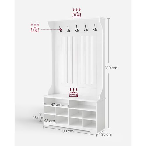 Meuble D’entrée, Rangement Pour Chaussures, Avec Crochets, Étagère Réglable, Moderne, Blanc