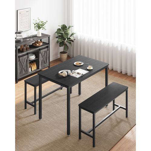 Table à Manger Avec 2 Bancs, Ensemble De 3 Meubles, Cadre En Acier, Noir Cendré Et Noir D'encre