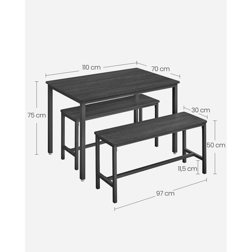 Table à Manger Avec 2 Bancs, Ensemble De 3 Meubles, Cadre En Acier, Noir Cendré Et Noir D'encre