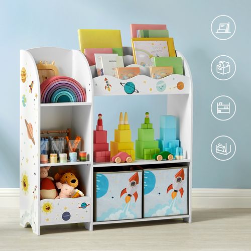 Étagère De Rangement Pour Jouets Enfant Et Livres, 2 Tiroirs En Tissu, Thème Planètes, Blanc