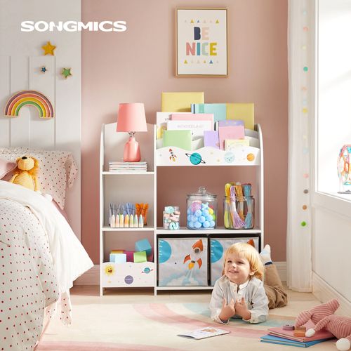 Étagère De Rangement Pour Jouets Enfant Et Livres, 2 Tiroirs En Tissu, Thème Planètes, Blanc