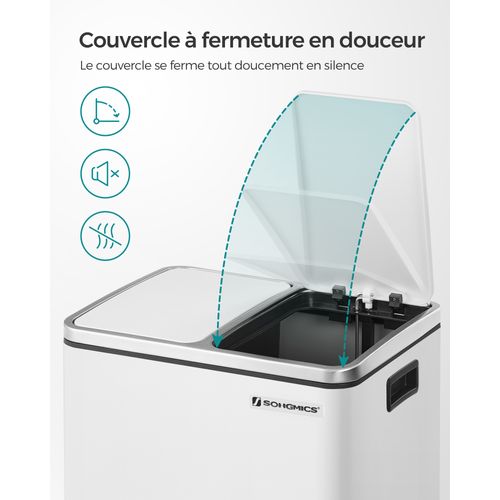 Poubelle Tri Sélectif 2 Bacs, 2 X 15l, Poubelle Double, 2 Compartiments, Blanc