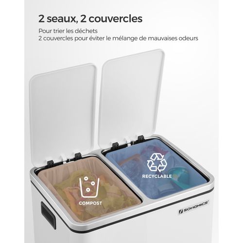 Poubelle Tri Sélectif 2 Bacs, 2 X 15l, Poubelle Double, 2 Compartiments, Blanc