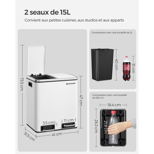 Poubelle Tri Sélectif 2 Bacs, 2 X 15l, Poubelle Double, 2 Compartiments, Blanc