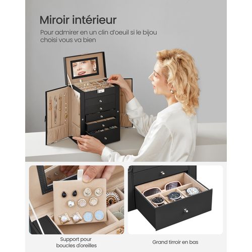 Boîte à Bijoux, 6 Niveaux Avec Ailes, Tiroirs, Miroir Et Fermoir, Boucles D'oreilles, Bagues, Collie
