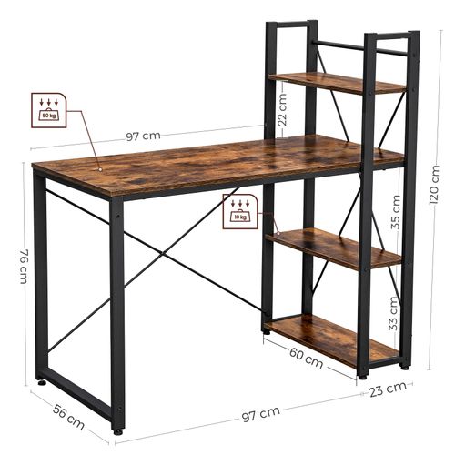 Bureau Informatique, Longueur 120 Cm, Avec Étagères à Gauche Ou à Droite, Style Industriel