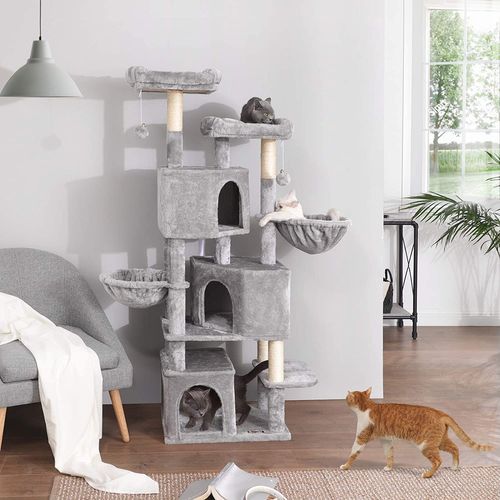 Grand Arbre à Chat, Avec 3 Niches, 164 Cm De Hauteur, Gris Clair