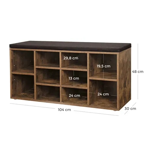 Banc à Chaussures 10 Compartiments, Avec Coussin, 104 X 30 X 48 Cm, Style Industriel