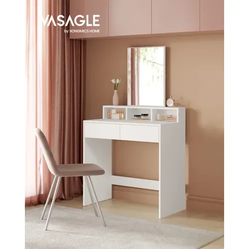 Coiffeuse Avec Miroir, 2 Tiroirs, 3 Compartiments De Rangement, Sans Tabouret, Style Moderne, Blanc