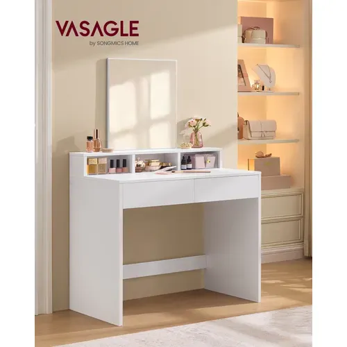 Coiffeuse Avec Miroir, 2 Tiroirs, 3 Compartiments De Rangement, Sans Tabouret, Style Moderne, Blanc