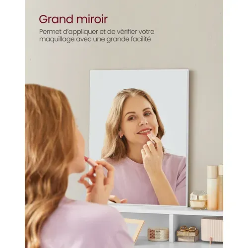 Coiffeuse Avec Miroir, 2 Tiroirs, 3 Compartiments De Rangement, Sans Tabouret, Style Moderne, Blanc