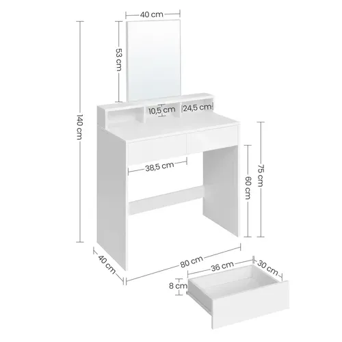 Coiffeuse Avec Miroir, 2 Tiroirs, 3 Compartiments De Rangement, Sans Tabouret, Style Moderne, Blanc