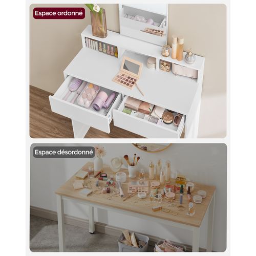 Coiffeuse Avec Miroir, 2 Tiroirs, 3 Compartiments De Rangement, Sans Tabouret, Style Moderne, Blanc