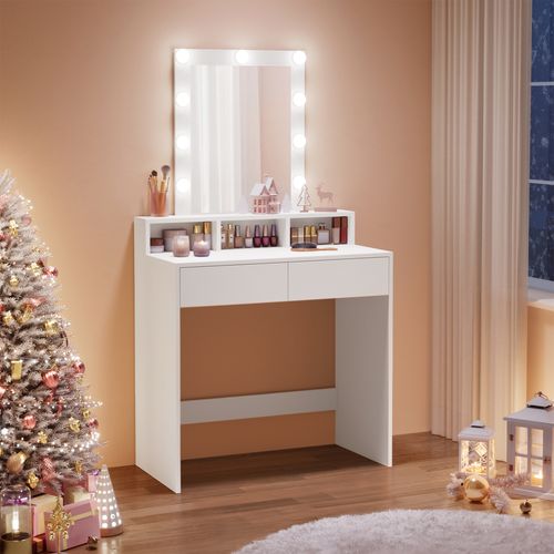 Coiffeuse Adulte Avec Miroir Et Ampoules, 2 Tiroirs, 3 Compartiments De Rangement, Blanc
