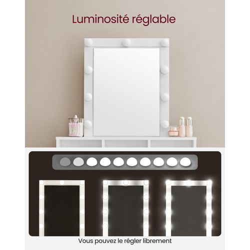 Coiffeuse Adulte Avec Miroir Et Ampoules, 2 Tiroirs, 3 Compartiments De Rangement, Blanc