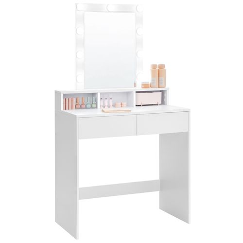 Coiffeuse Adulte Avec Miroir Et Ampoules, 2 Tiroirs, 3 Compartiments De Rangement, Blanc