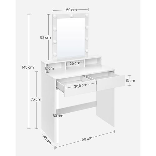 Coiffeuse Adulte Avec Miroir Et Ampoules, 2 Tiroirs, 3 Compartiments De Rangement, Blanc