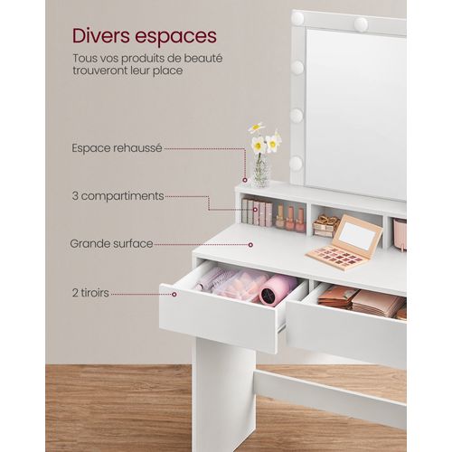Coiffeuse Adulte Avec Miroir Et Ampoules, 2 Tiroirs, 3 Compartiments De Rangement, Blanc