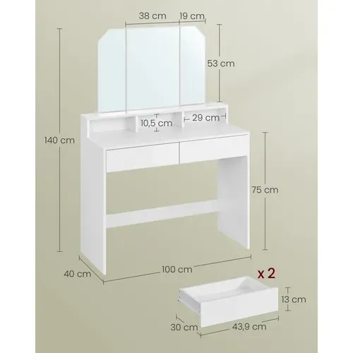 Coiffeuse Avec 3 Miroirs, 2 Tiroirs Et 3 Compartiments De Rangement, Sans Tabouret, Blanc