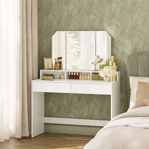 Coiffeuse Avec 3 Miroirs, 2 Tiroirs Et 3 Compartiments De Rangement, Sans Tabouret, Blanc