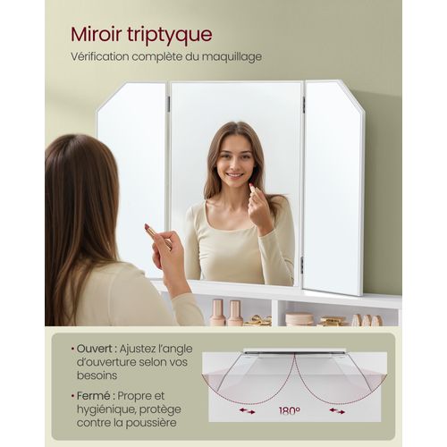 Coiffeuse Avec 3 Miroirs, 2 Tiroirs Et 3 Compartiments De Rangement, Sans Tabouret, Blanc