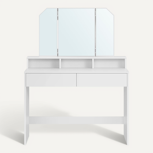 Coiffeuse Avec 3 Miroirs, 2 Tiroirs Et 3 Compartiments De Rangement, Sans Tabouret, Blanc