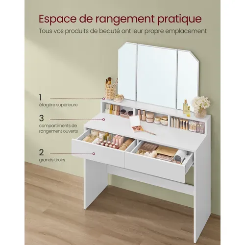 Coiffeuse Avec 3 Miroirs, 2 Tiroirs Et 3 Compartiments De Rangement, Sans Tabouret, Blanc