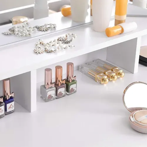 Coiffeuse Avec 3 Miroirs, 2 Tiroirs Et 3 Compartiments De Rangement, Sans Tabouret, Blanc
