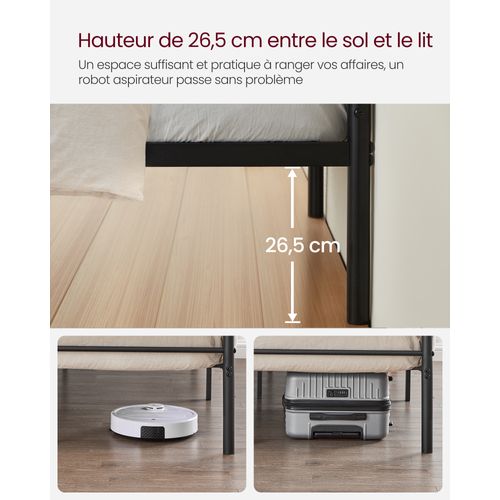 Lit 90 X 190 Cm, Cadre De Lit En Métal, Pour Adultes, Enfants, Pas Besoin De Sommier