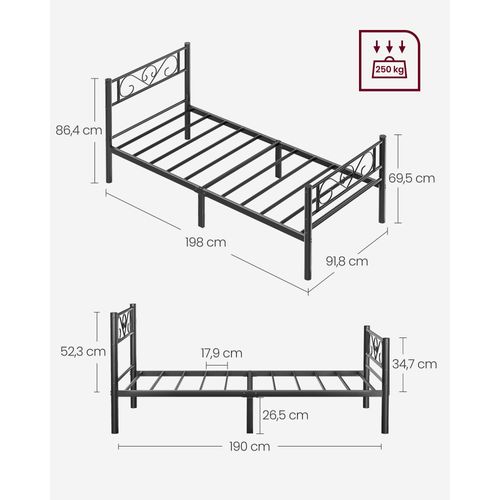 Lit 90 X 190 Cm, Cadre De Lit En Métal, Pour Adultes, Enfants, Pas Besoin De Sommier