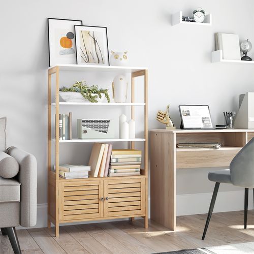 Etagère De Rangement En Bambou, Avec 3 Étagères Et 1 Placard À 2 Portes, 70 X 30 X 120 Cm