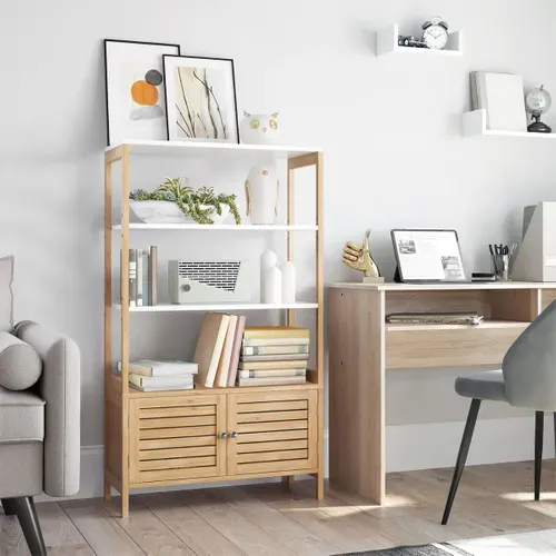 Etagère De Rangement En Bambou, Avec 3 Étagères Et 1 Placard À 2 Portes, 70 X 30 X 120 Cm