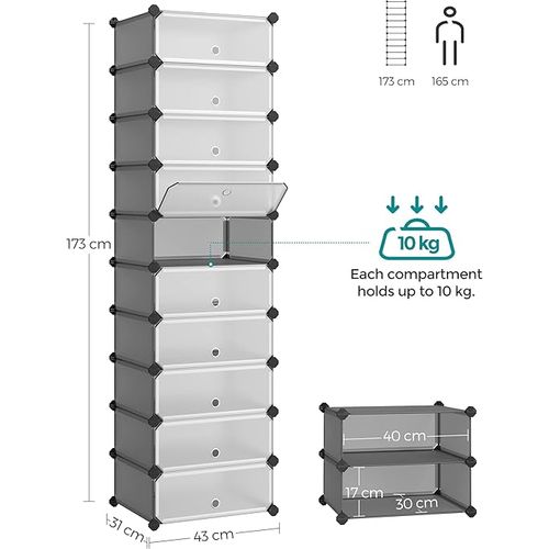Meuble à Chaussures Avec 10 Compartiments, Étagère Modulable En Plastique, Avec Porte, Maillet, Gris