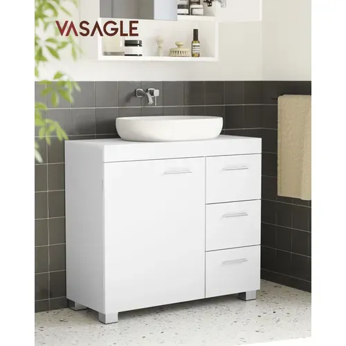 Meuble Sous Lavabo, 1 Porte et 3 Tiroirs, 30 X 70 X 64 Cm, Avec Pieds, Blanc Nuage
