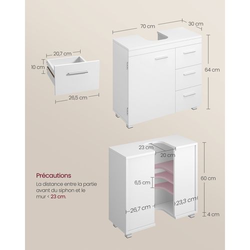 Meuble Sous Lavabo, 1 Porte et 3 Tiroirs, 30 X 70 X 64 Cm, Avec Pieds, Blanc Nuage