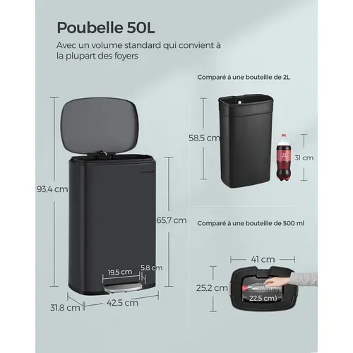 Poubelle Cuisine 50l,fermeture En Douceur, Avec Pédale, En Acier, Seau Intérieur, Noir