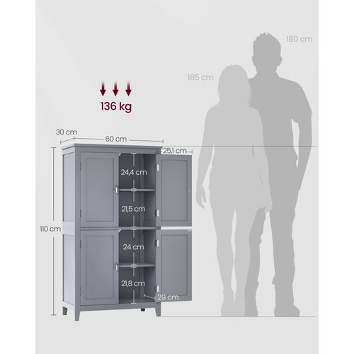Armoire De Salle De Bain, Placard De Cuisine Avec 4 Portes, Étagères Réglables, Gris Mystique