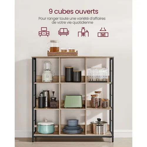 Meuble De Rangement 3 Niveaux, 9 Cubes, 30 X 100 X 103,1 Cm, Marron Camel Et Noir D'encre