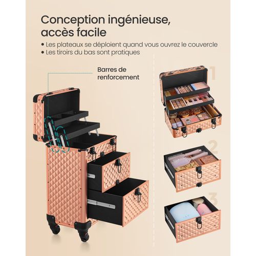 Valise De Maquillage Professionnel, Avec 2 Tiroirs, 34 X 24 X 56 Cm, Roulette Pivotante à 360°, Doré