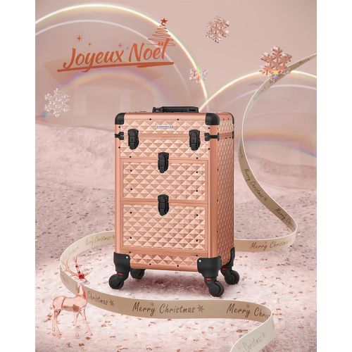 Valise De Maquillage Professionnel, Avec 2 Tiroirs, 34 X 24 X 56 Cm, Roulette Pivotante à 360°, Doré