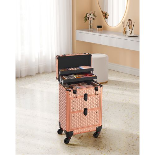 Valise De Maquillage Professionnel, Avec 2 Tiroirs, 34 X 24 X 56 Cm, Roulette Pivotante à 360°, Doré