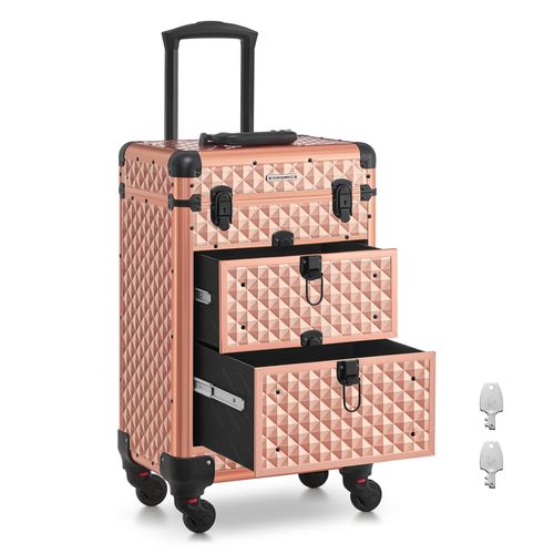 Valise De Maquillage Professionnel, Avec 2 Tiroirs, 34 X 24 X 56 Cm, Roulette Pivotante à 360°, Doré